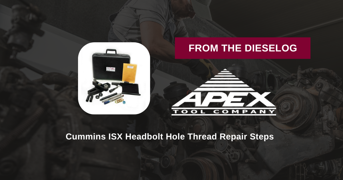 Step-by-step close up layout of heavy-duty engine block thread repair alignment fixture mounted on a diesel deck face